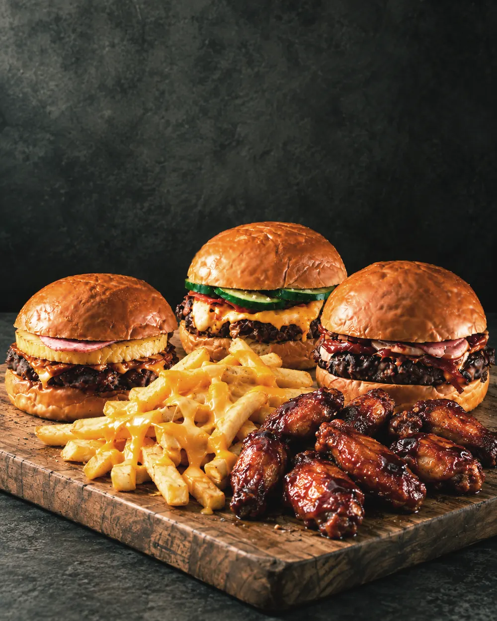Festín vikingo: tres hamburguesas, papas con queso y alitas BBQ